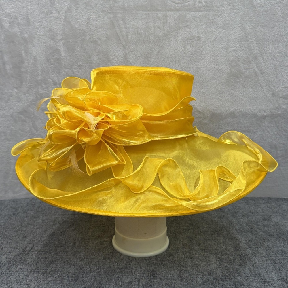 Derby Hat Sun Womens Adjustable Yellow Organza Sheer Wide Brim Ruffle Church NWT